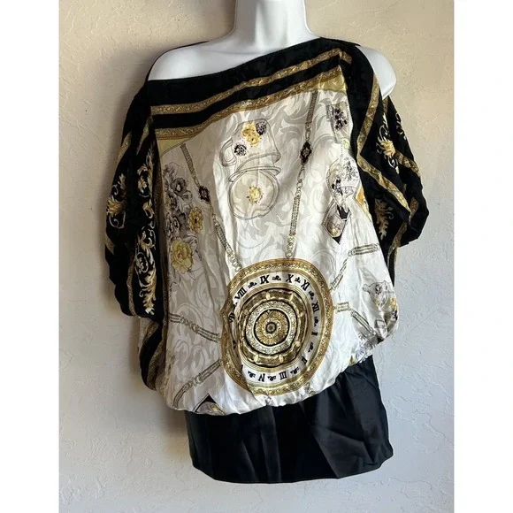 Y2K Cache 100% Silk Blouson Tunic Top M Tea Pot Print Baroque Chain Draped - Picture 2 of 12
